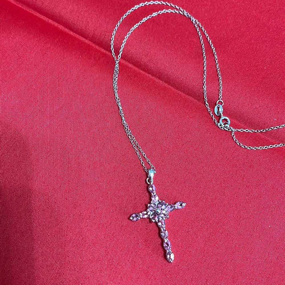 Pink tourmaline cross set in silver
